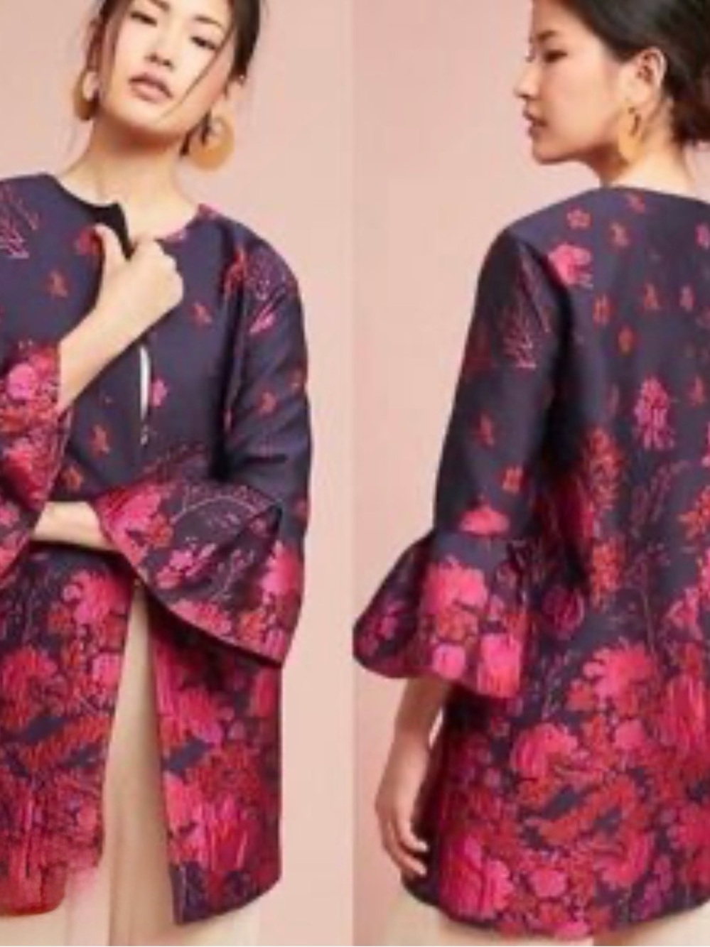 Eva Franco for Anthropologie Navy & Fuchsia Floral Jacquard Robe-Style Coat
